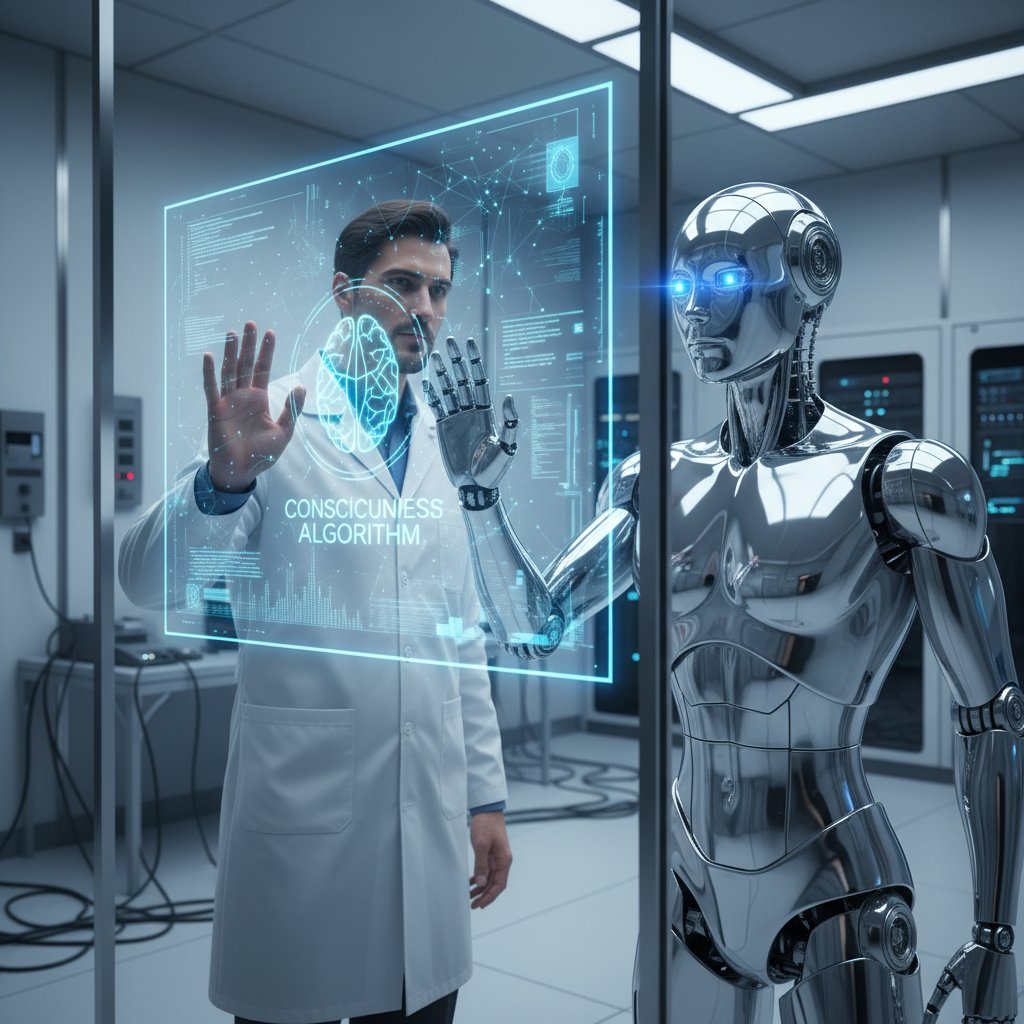 Zdjęcie człowieka i humanoidalnego robota wpatrujących się w siebie przez szybę, symbolizujące granicę między świadomością a algorytmem