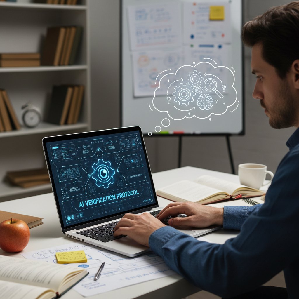 Człowiek sprawdzający odpowiedzi AI na laptopie, symbol świadomej weryfikacji