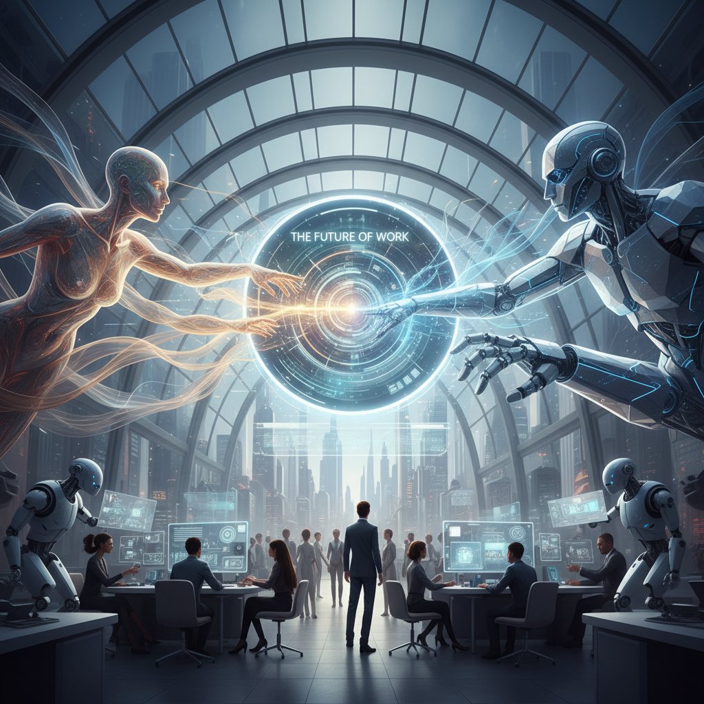 Artystyczna wizja: człowiek stojący na granicy świata ludzi i maszyn, symbol przyszłości pracy