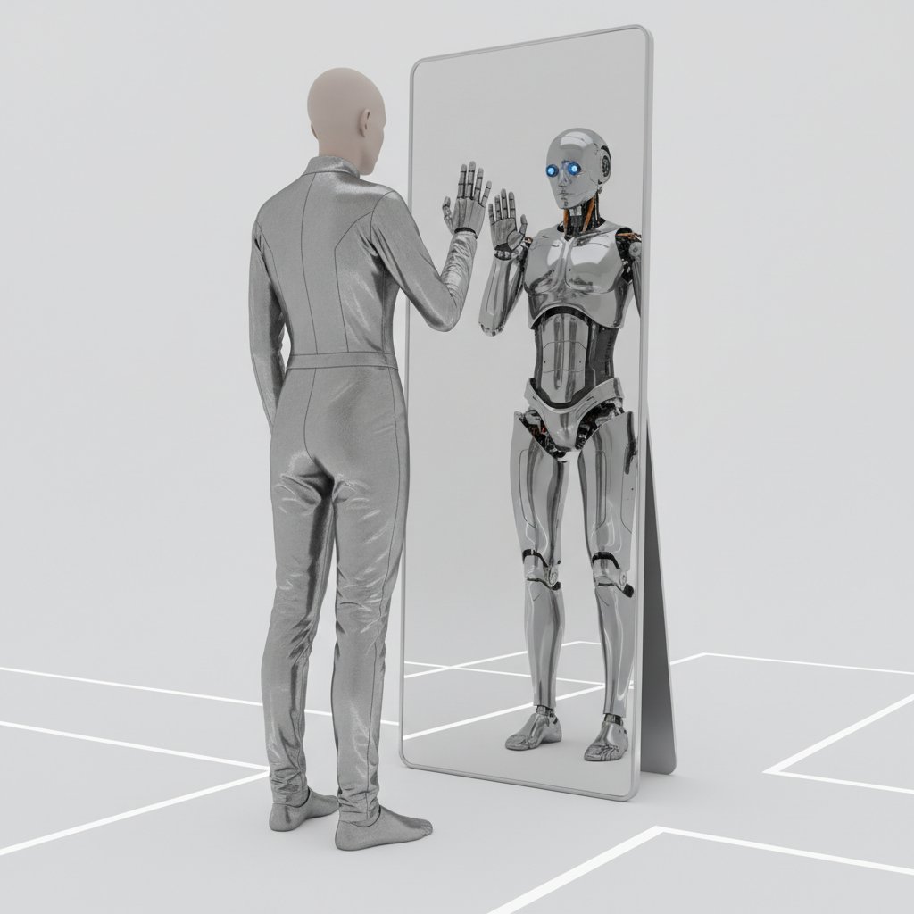 Zdjęcie osoby patrzącej na własne odbicie w lustrze, za którą stoi humanoidalny robot – wizualna metafora konfliktu tożsamości