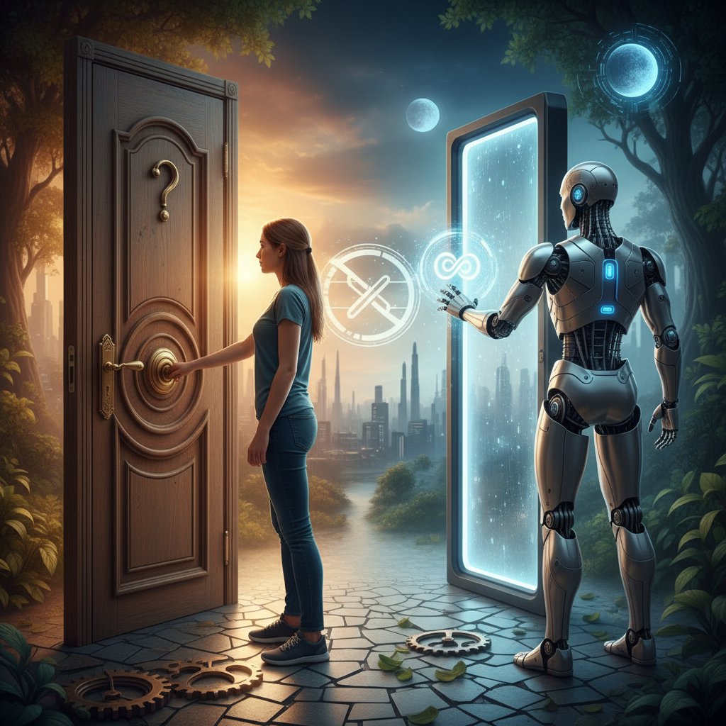 Człowiek otwierający drzwi, za którymi stoi humanoidalny robot, symboliczna scena wyboru