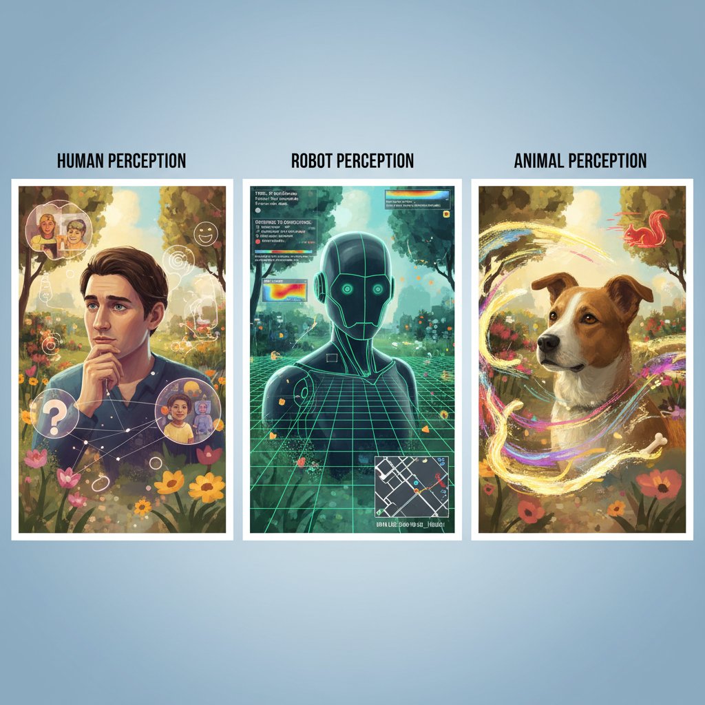 Porównawcze zdjęcie: człowiek, robot i zwierzę patrzące w tym samym kierunku, symbolizujące różnice w postrzeganiu świata