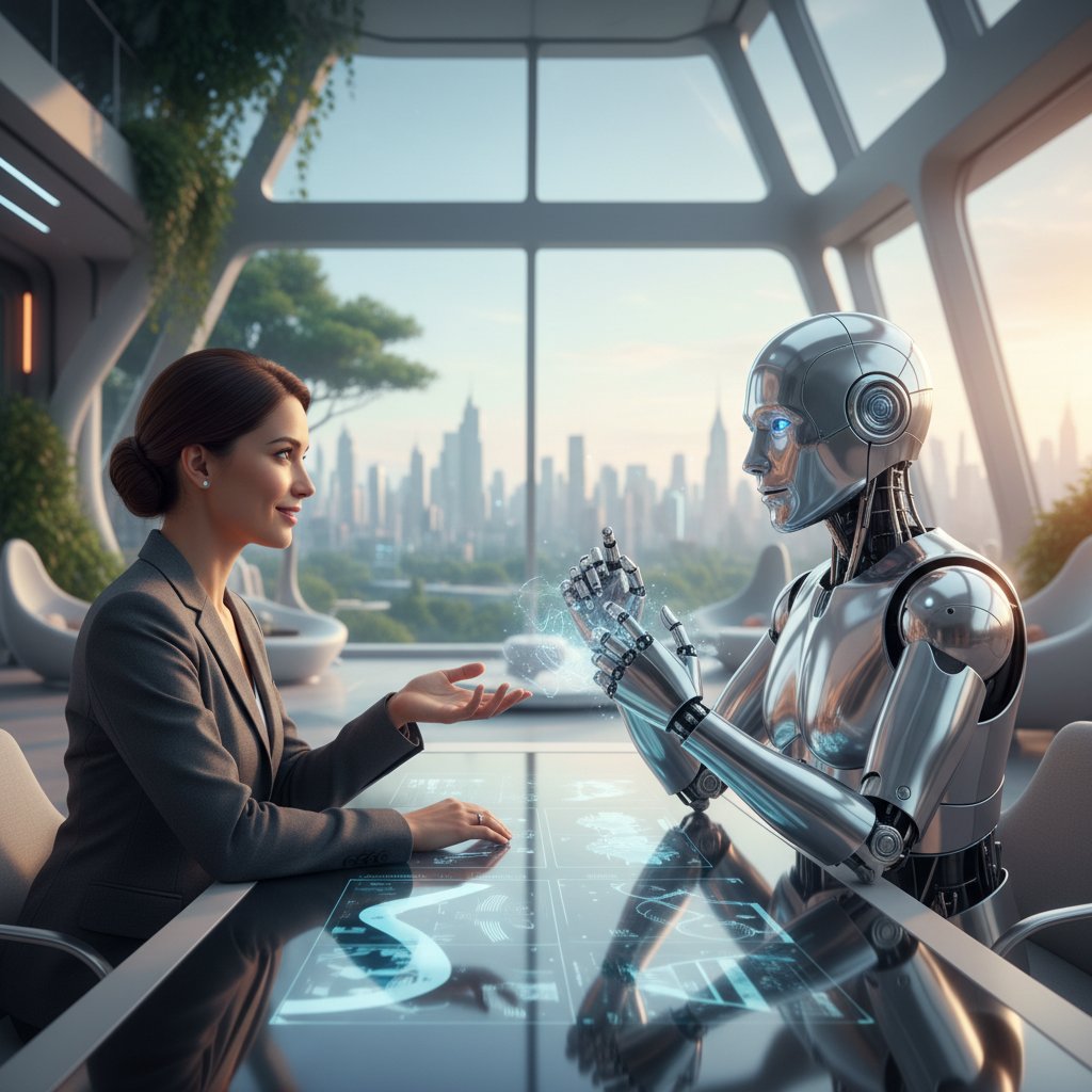 Zdjęcie: Dwie osoby – jedna z nich to robot, druga człowiek – prowadzą rozmowę, trudno odróżnić kto jest kim