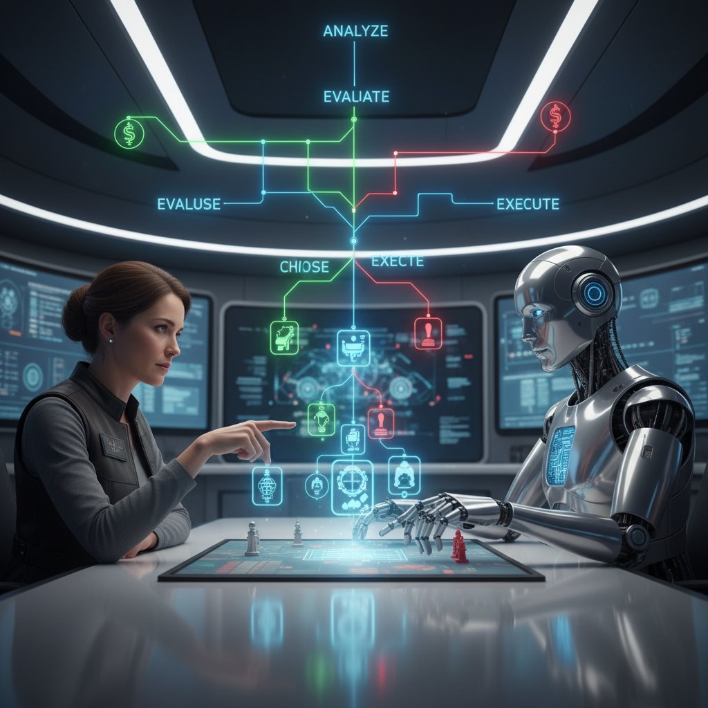 Człowiek i robot podejmujący decyzję przy stole