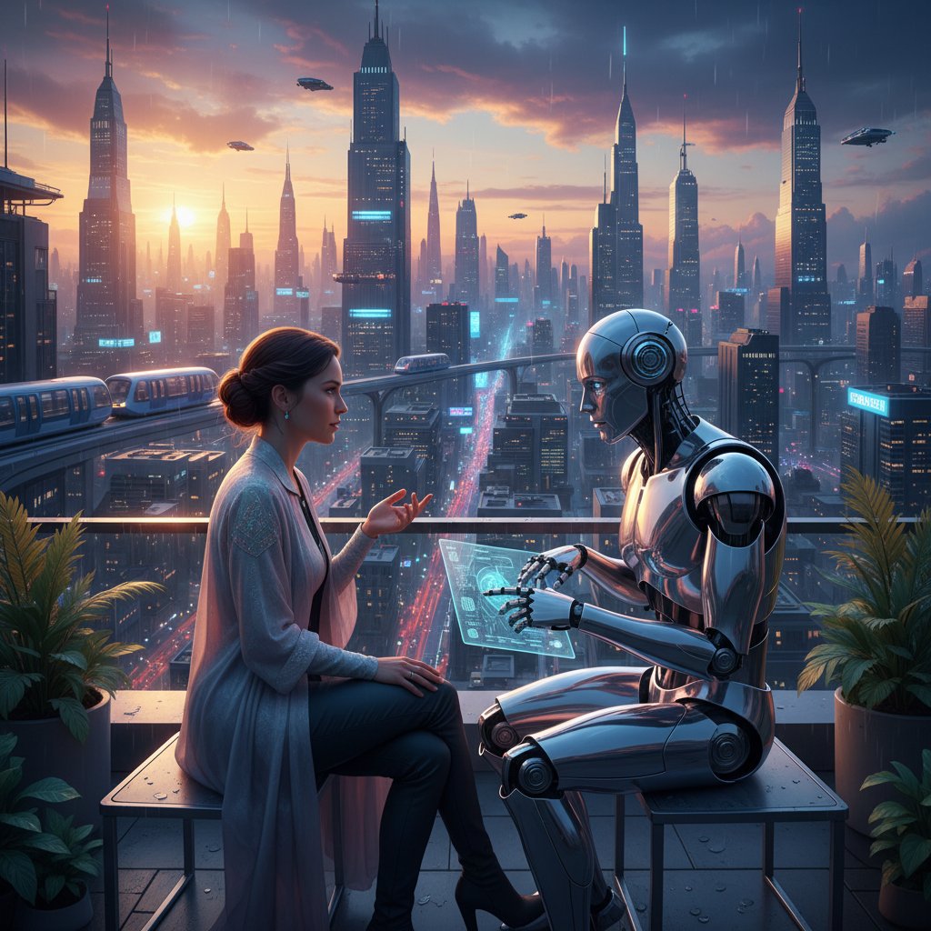 Osoba prowadząca głęboką rozmowę z humanoidalnym robotem w miejskim otoczeniu