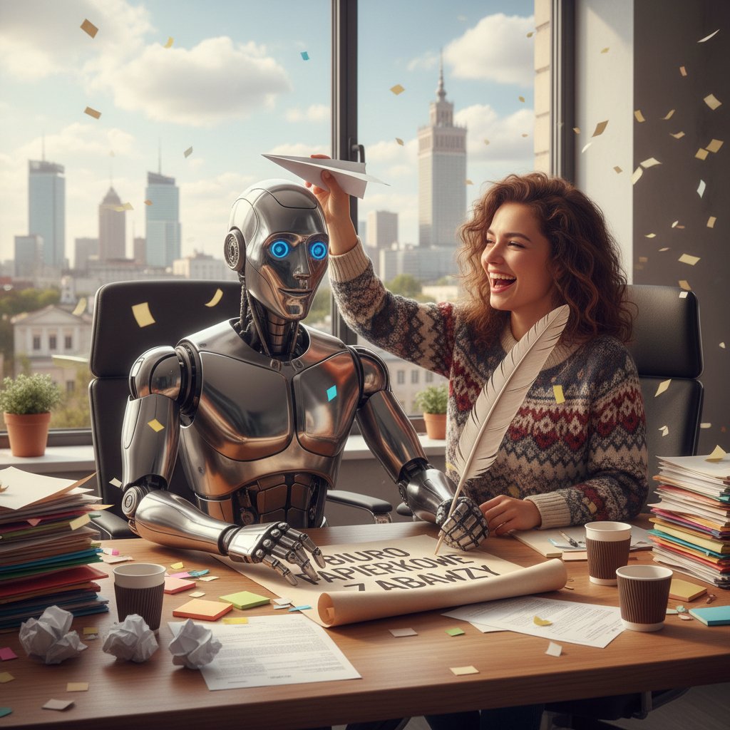 Człowiek i robot siedzący naprzeciwko siebie przy biurku pełnym papierów – robotyzacja pracy biurowej w Polsce
