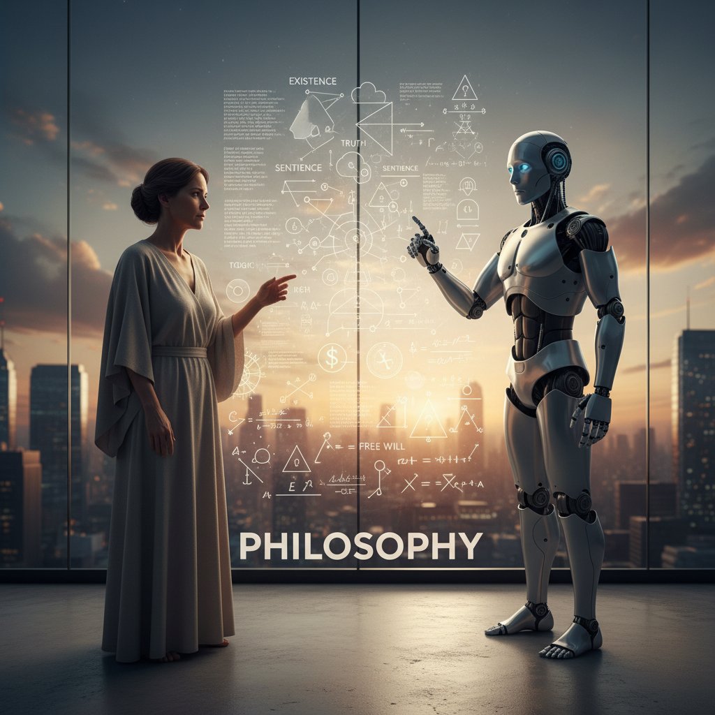 Człowiek i robot patrzący na siebie przez szklaną ścianę, symbol współistnienia