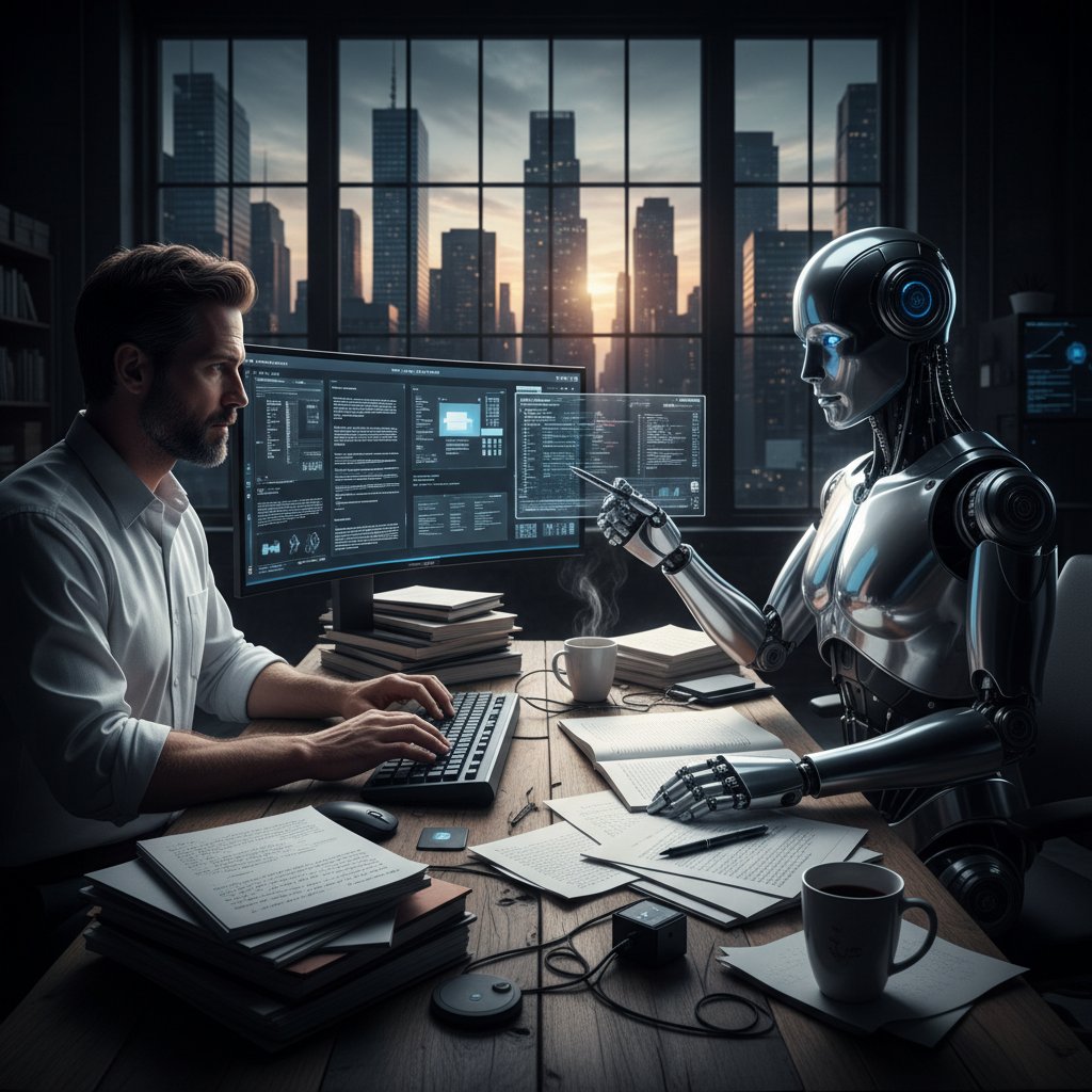 Robot i człowiek przy biurku planowania treści, obok kubki, rękopisy, ekrany, atmosfera chaosu pracy twórczej