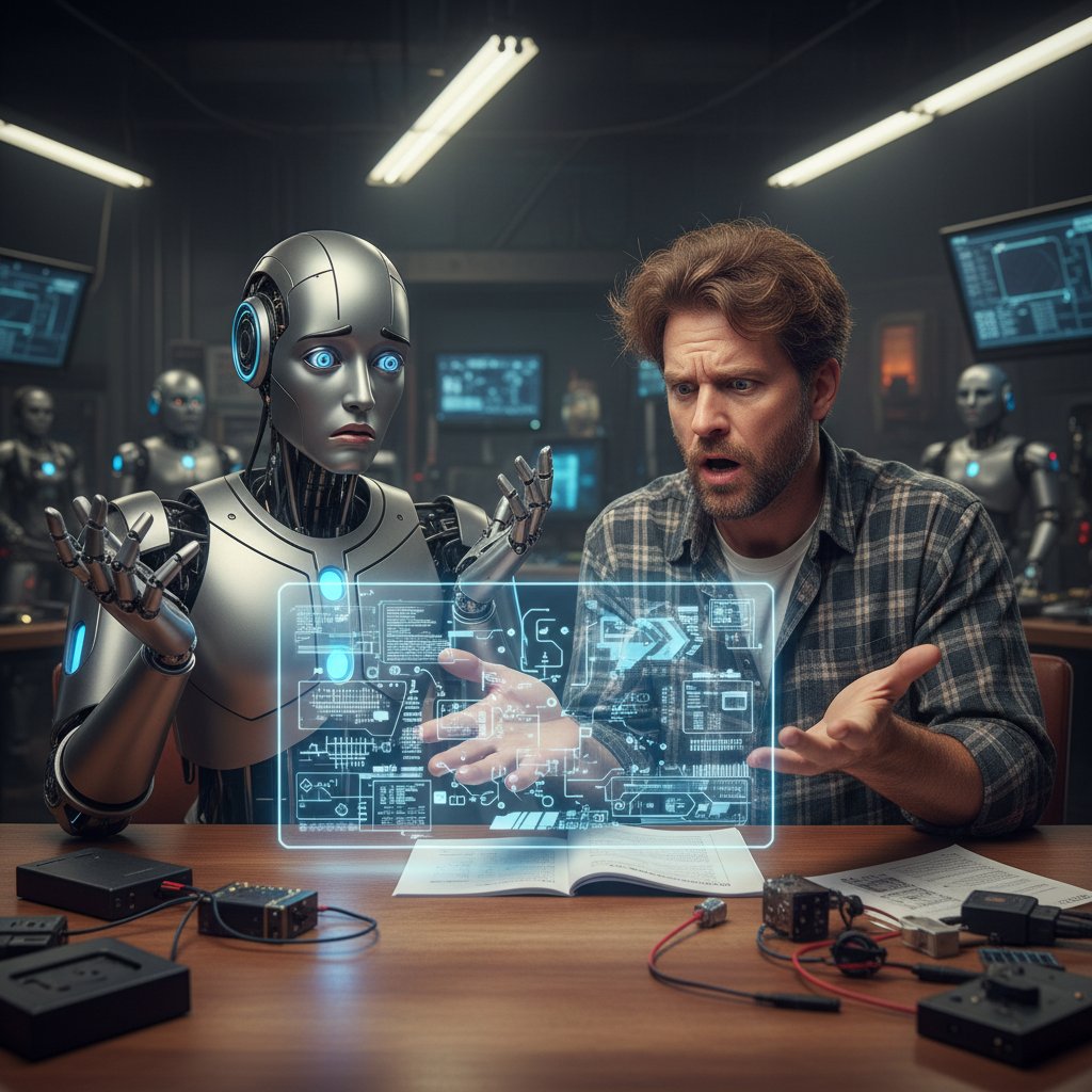 Klient i chatbot próbują się zrozumieć – człowiek i robot przy stole, oboje z zaskoczonymi minami