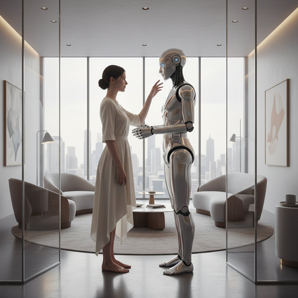 Człowiek dotykający delikatnie robota z wyrazem troski, nowoczesne wnętrze – symbol empatii