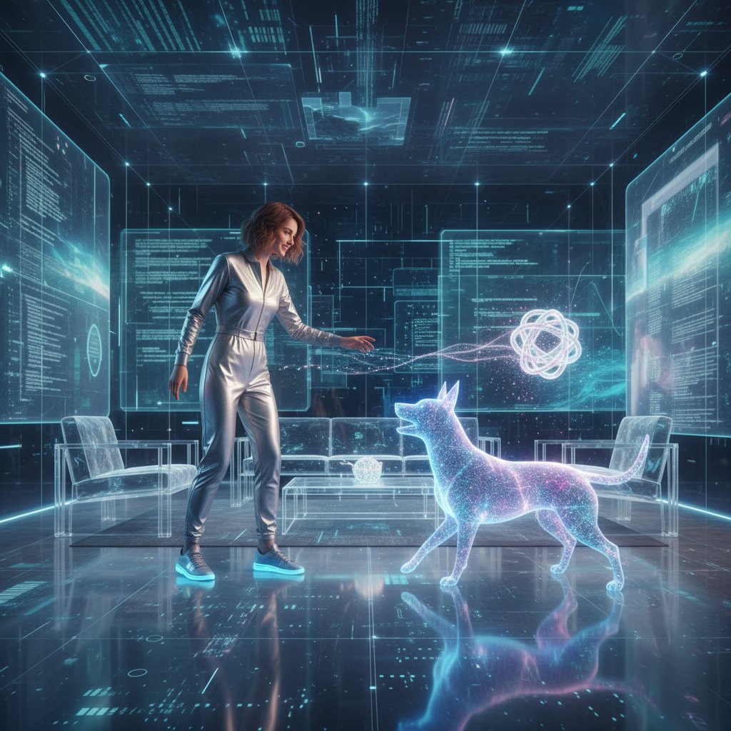 Człowiek rozmawia z wirtualnym psem AI w cyfrowym salonie, przyszłość relacji online