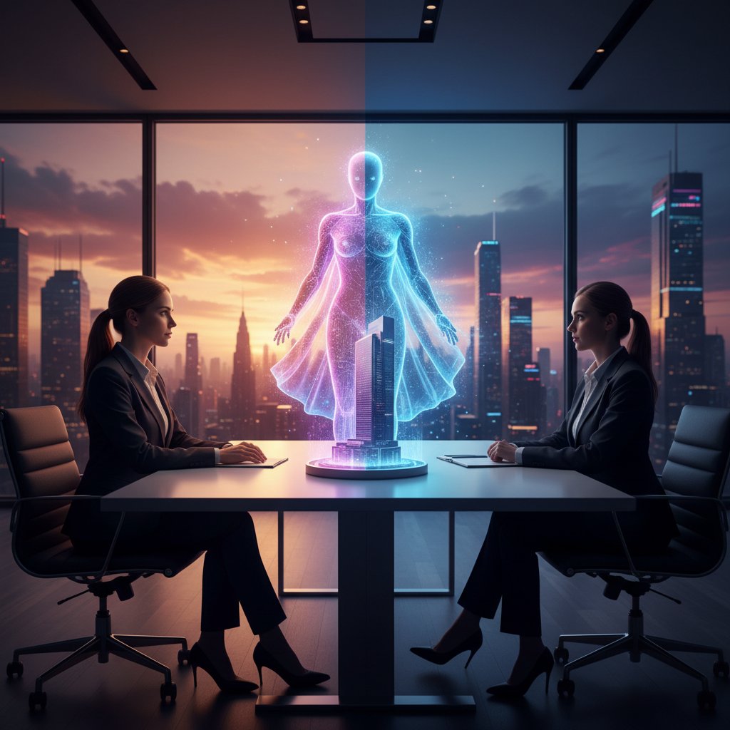 Human agent and AI avatar negotiating real estate, contrasting lighting with tension in negotiation