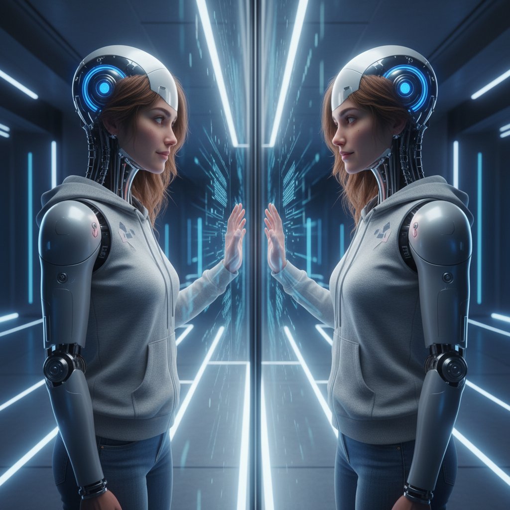 Człowiek i AI patrzący na swoje odbicia w lustrze, symbolizując wpływ AI na tożsamość człowieka