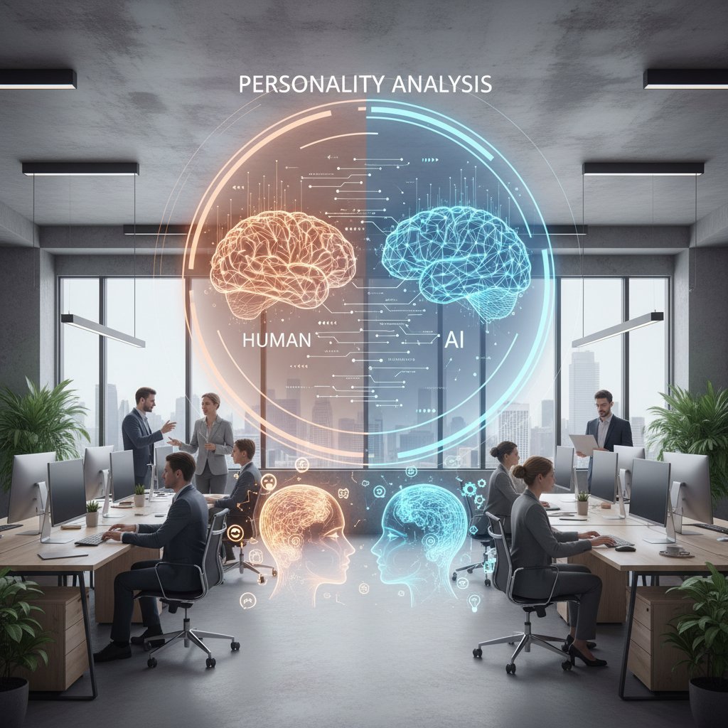 Człowiek i AI analizujące dane osobowości w nowoczesnym biurze