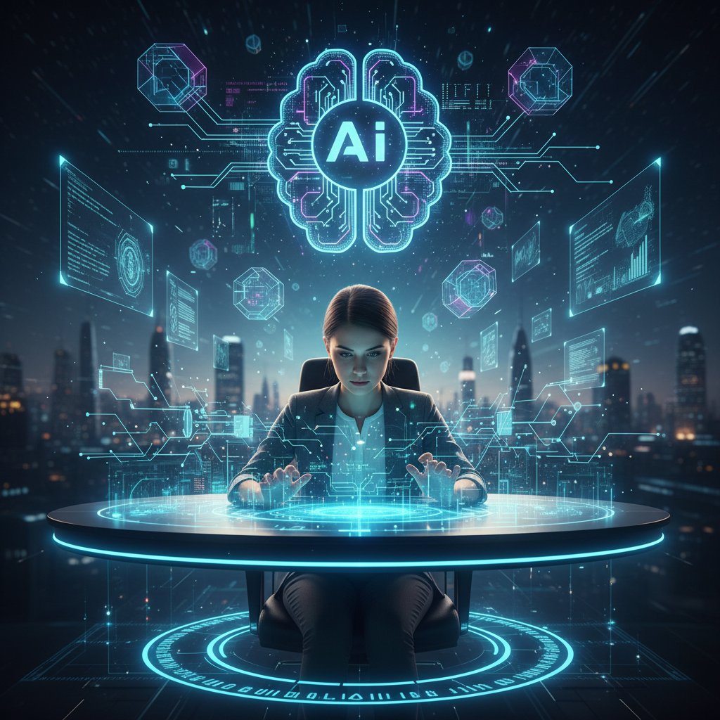 Human and AI analyst side-by-side at digital desk, symbolic, 16:9