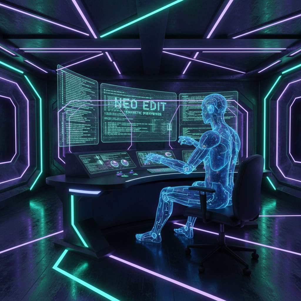 Futuristic human and AI avatar collaborating over a digital script in a neon-lit editing suite, high-tech, visionary