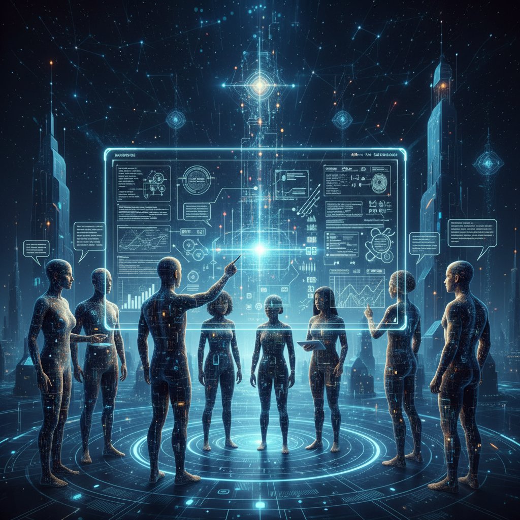 Human and AI avatars collaborating on digital whiteboard, symbolizing hybrid research support roles