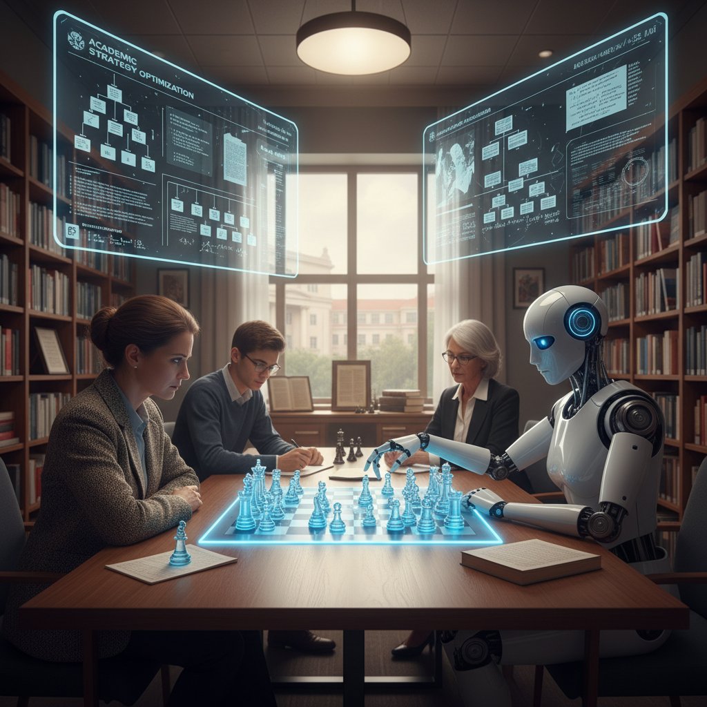 Human and AI facing off in strategic academic decision-making, intense lighting, symbolic of critical thinking
