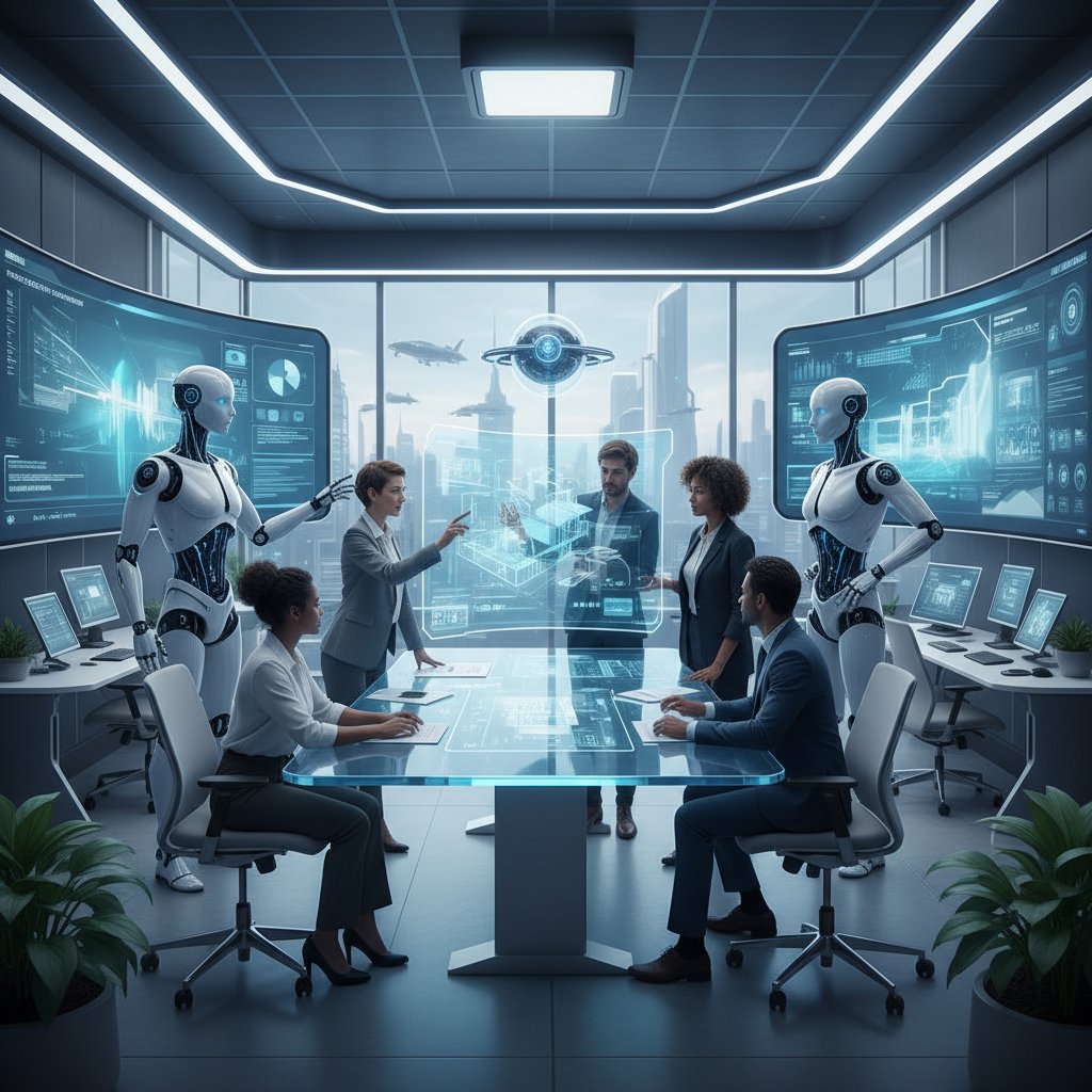 Zespół ludzi i AI współpracujących nad projektem w technologicznie zaawansowanym biurze