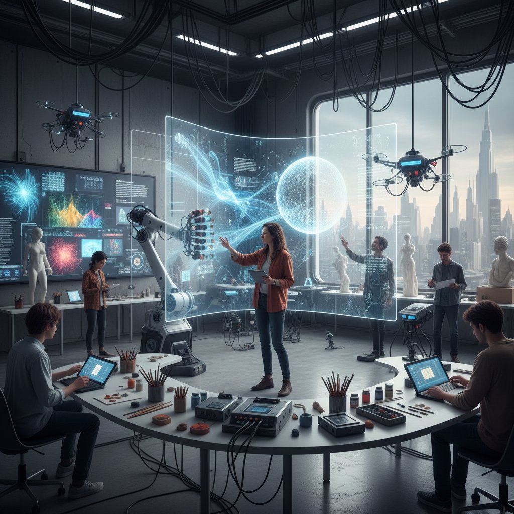 Nowoczesne studio, w którym człowiek i AI współtworzą projekt artystyczny na ekranie