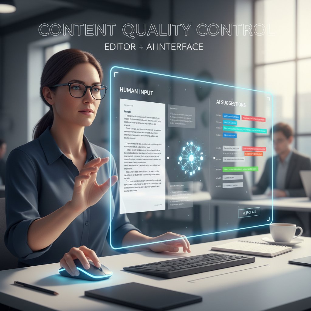 Human-AI collaboration for content quality control, editor and AI interface working together on a document