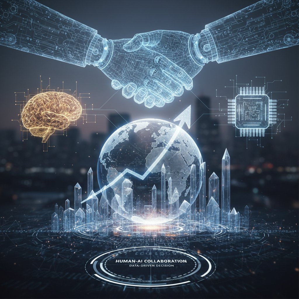 Human and AI collaboration in data-driven decision making, with a human hand and robotic hand over business charts