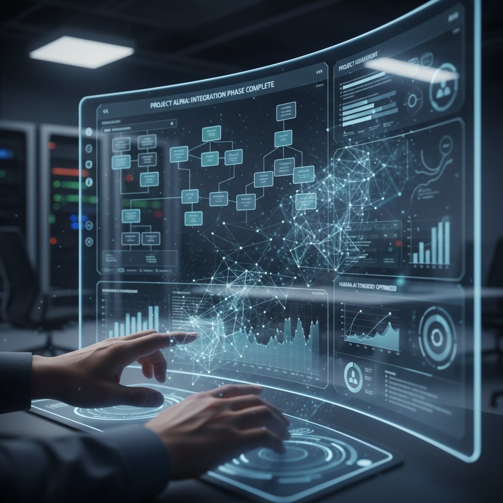 Human and AI avatars collaborating on a digital screen, symbolizing humans and AI working together on projects and workflow optimization