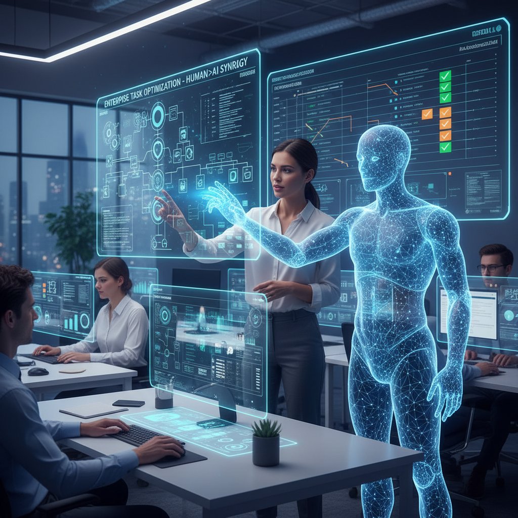 Edgy photo of a meeting where half the table is human, half digital projections, capturing the collaboration between human and AI teammates in an enterprise setting