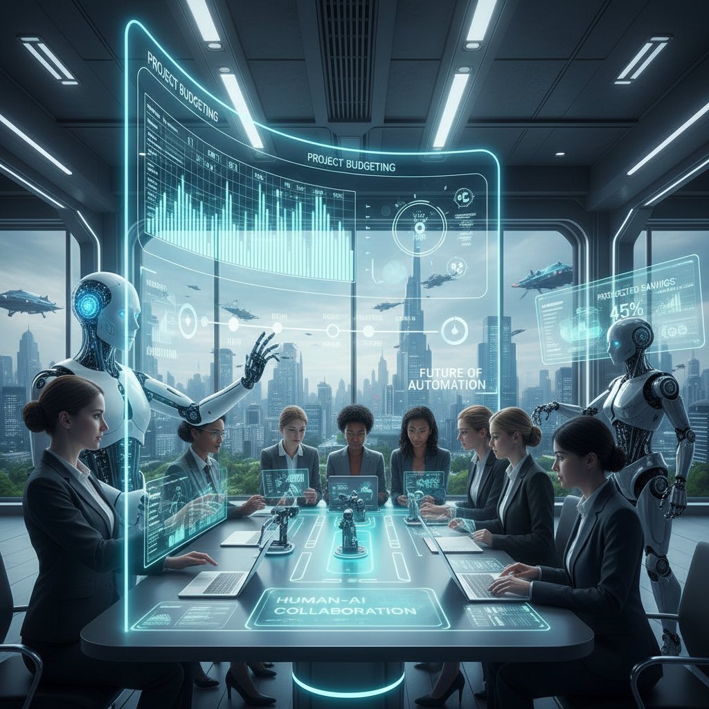 Human and AI collaboration in future project budgeting meeting, highlighting synergy in automation