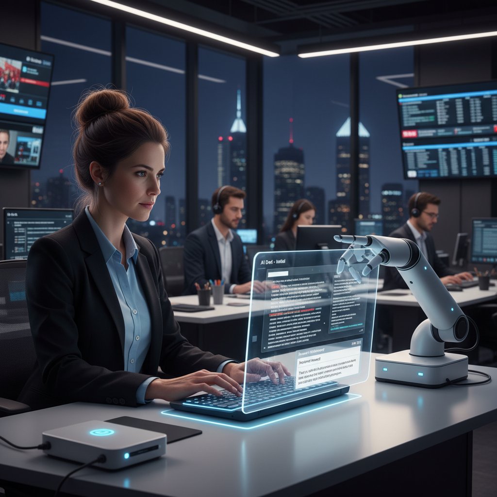 Human and AI collaborating through prompt exchange in a newsroom, prompt engineering, news article creator