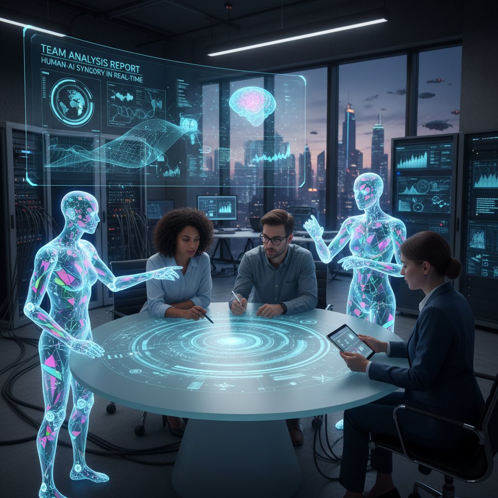 Zespół ludzi i AI współpracujący przy analizie nastrojów zespołu
