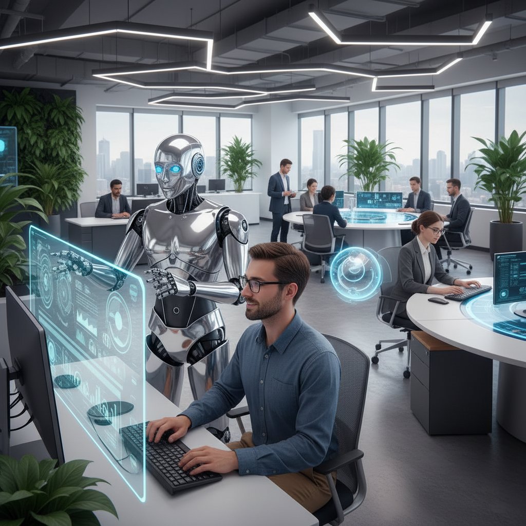 Human-AI coworker interaction, high-contrast, professional photo, collaborative office