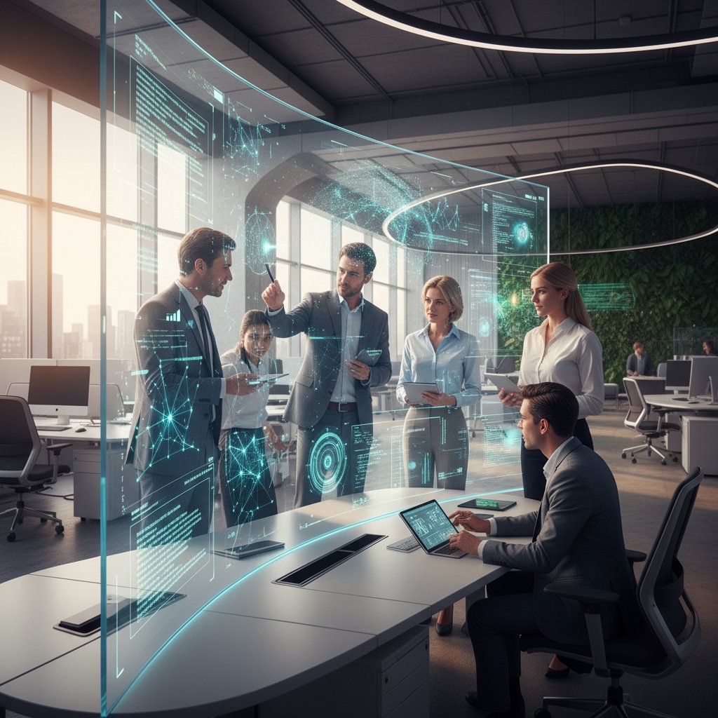 Human and AI coworker in a moment of reflection about enterprise innovation, facing each other across a conference table