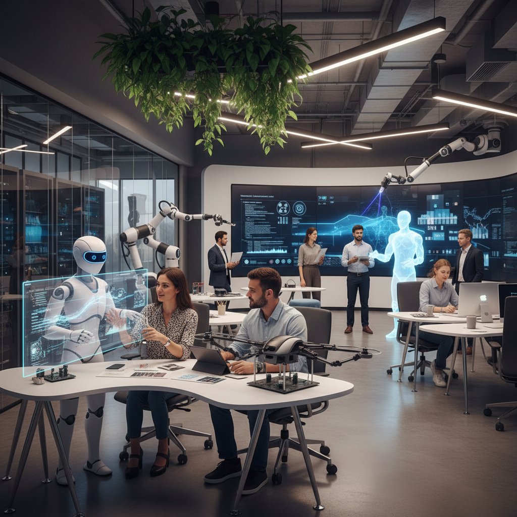 Human and AI coworkers collaborating in a modern office during brainstorming session