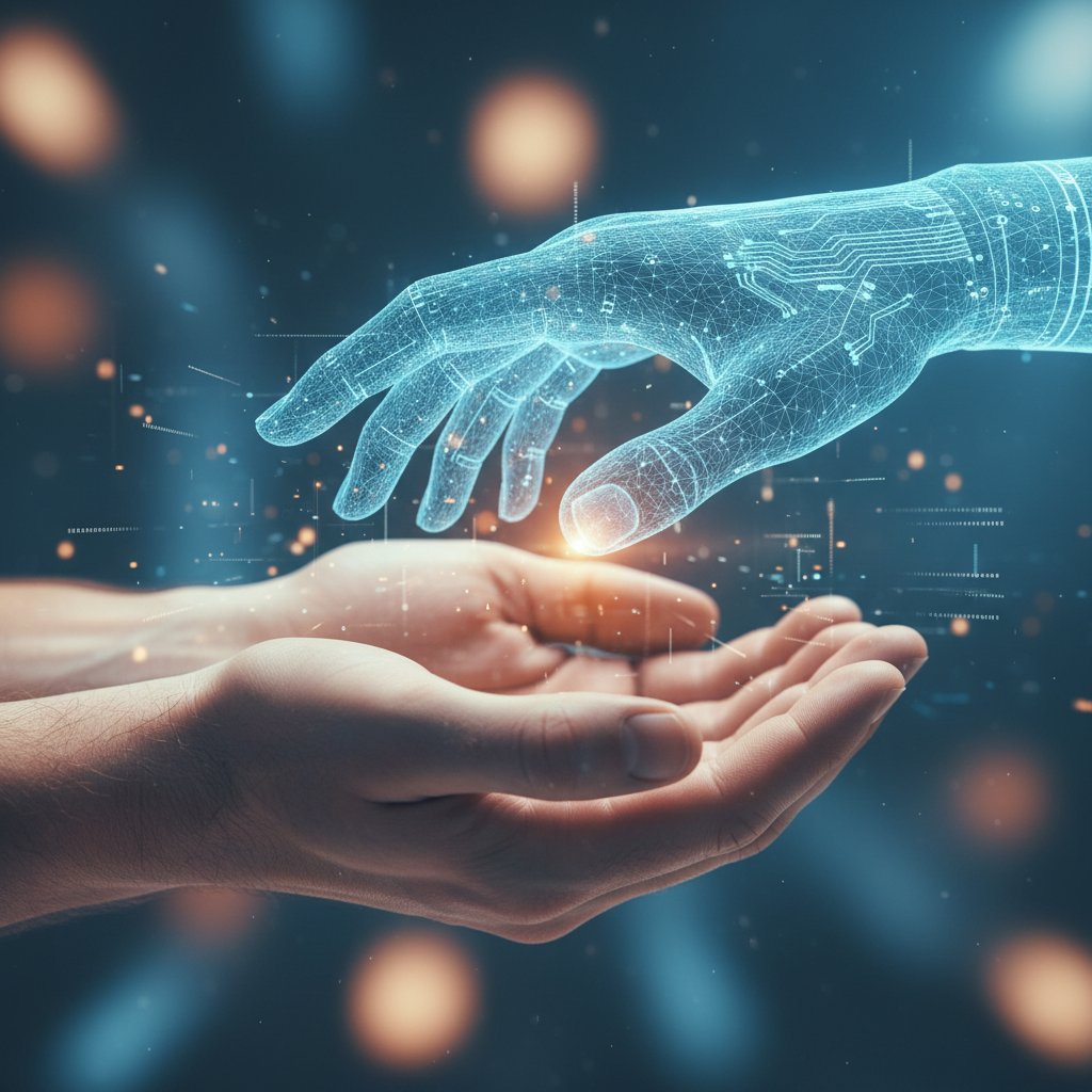 Human and AI hands collaborating in support, symbolic hybrid partnership