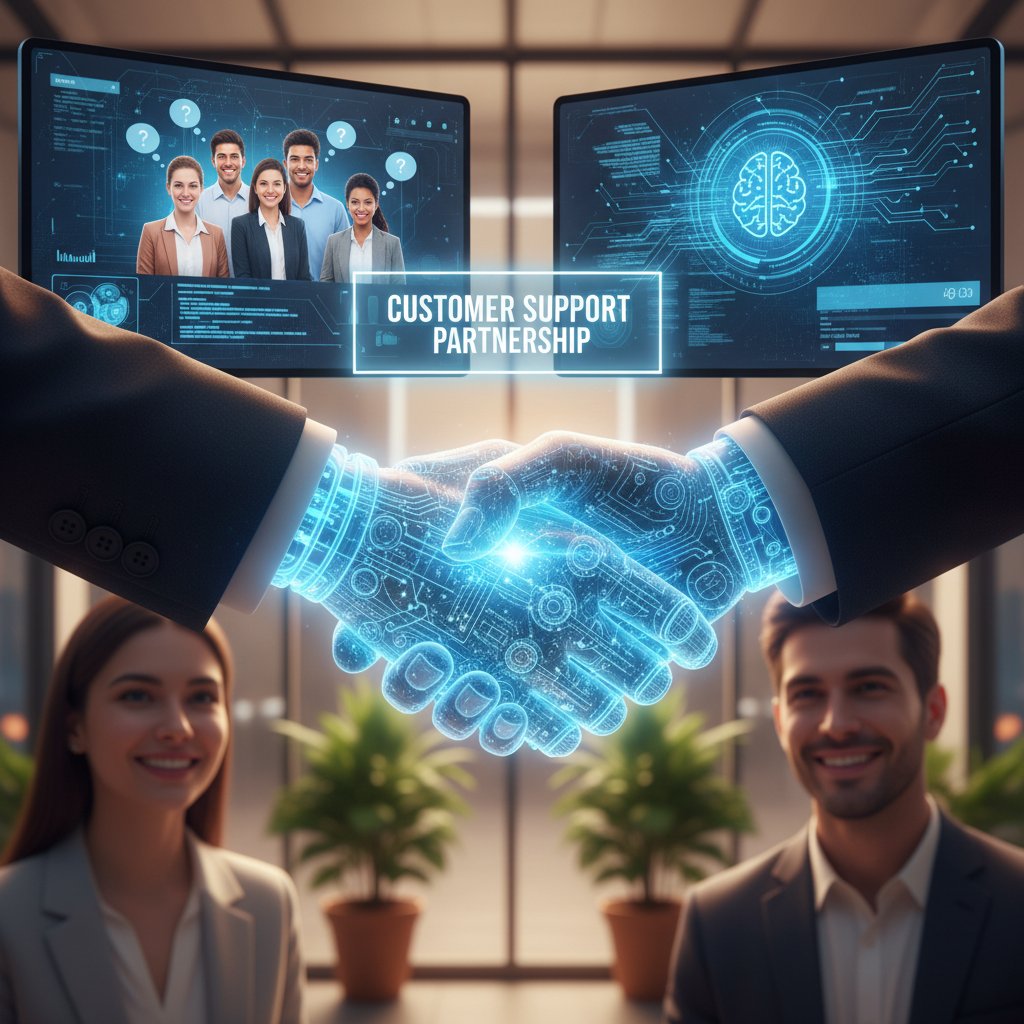 Human and AI shaking hands to symbolize partnership in customer support, editorial photo