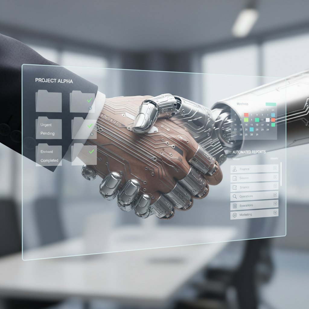 Human and AI handshake over organized inbox, symbolizing collaboration and productivity