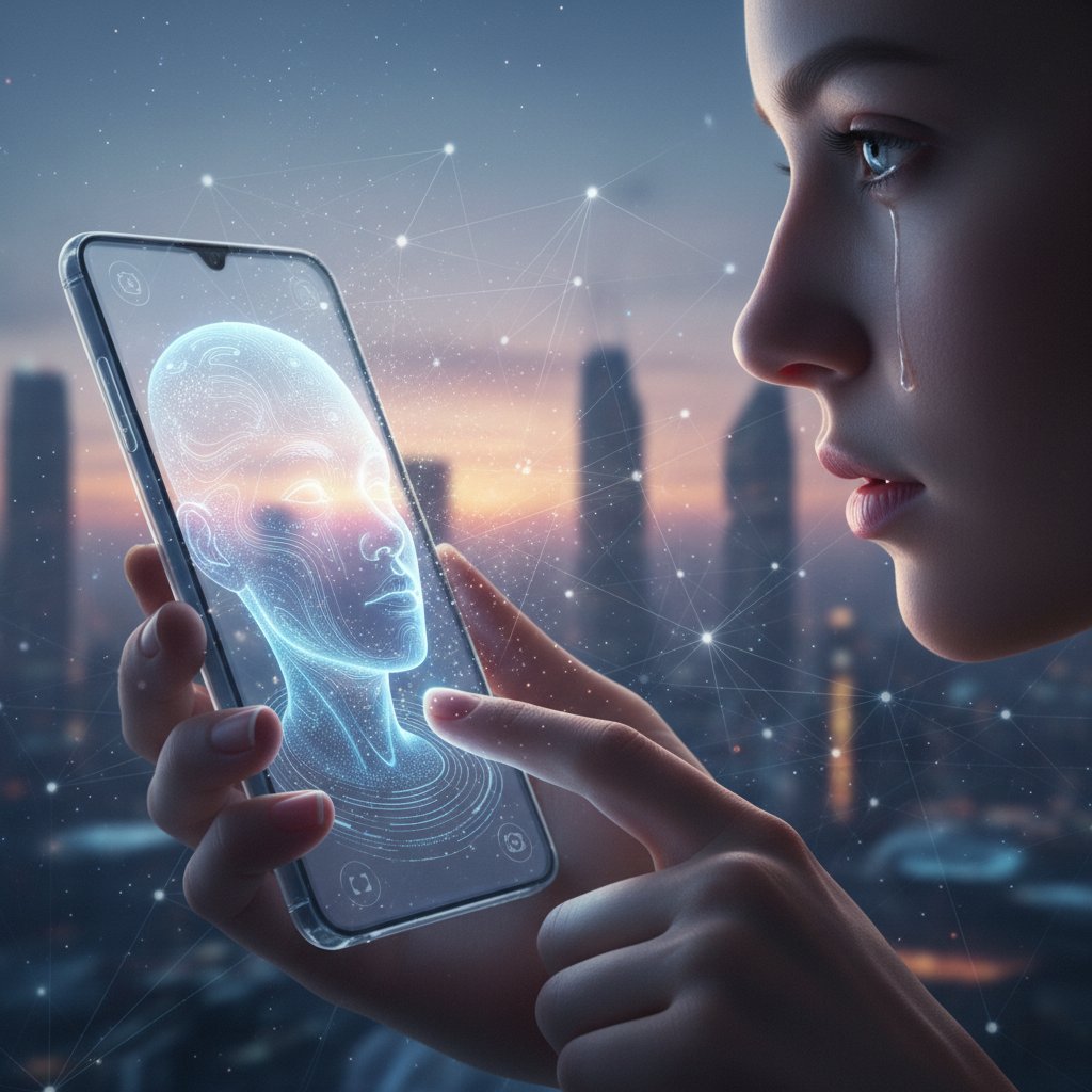 Bliska interakcja człowieka z AI na smartfonie, nowoczesna technologia, emocjonalny kontakt