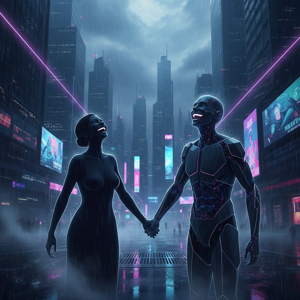 Abstrakcyjna wizja sylwetek człowieka i AI śmiejących się razem, futurystyczna sceneria