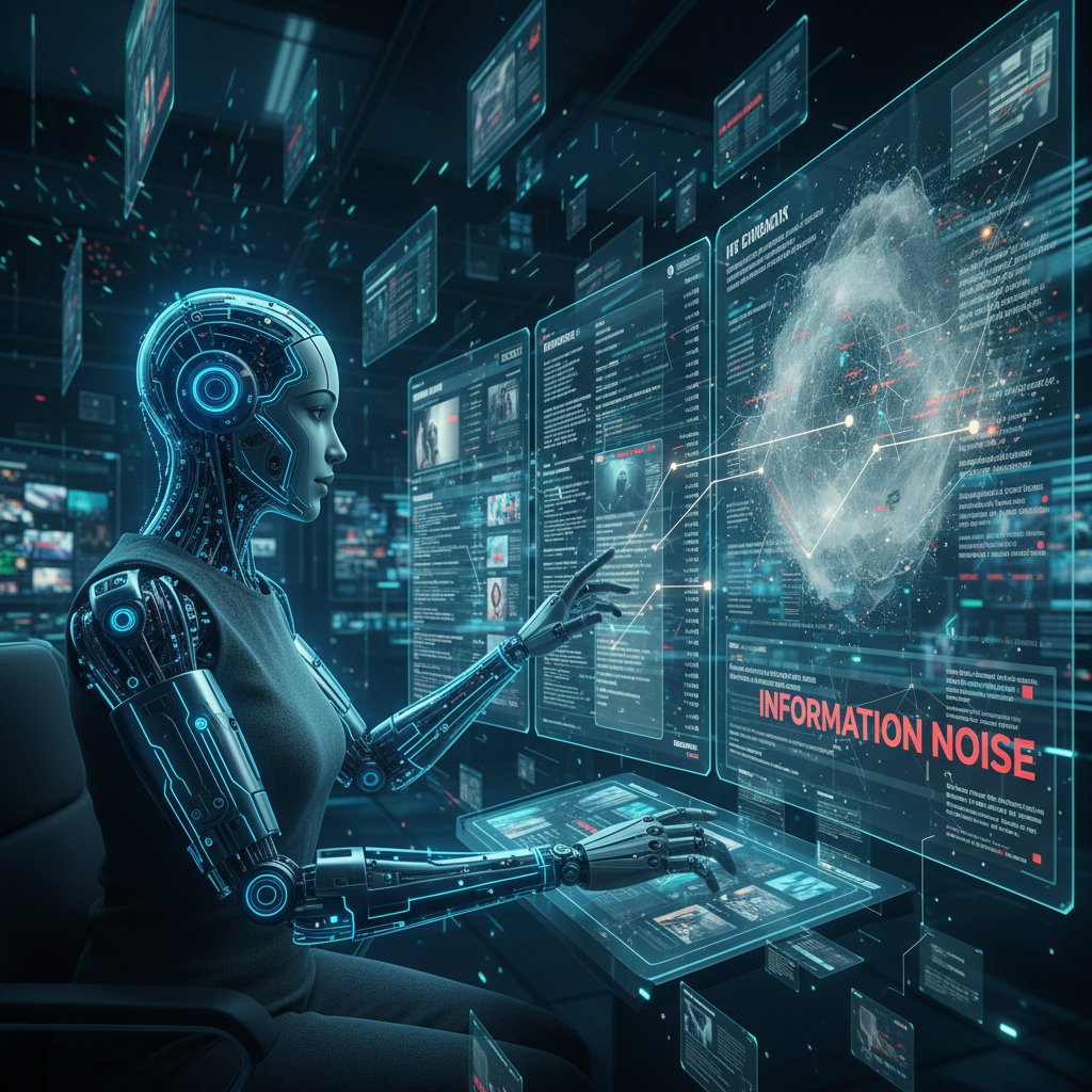 Człowiek i sztuczna inteligencja analizują newsy na ekranie, walka z szumem informacyjnym