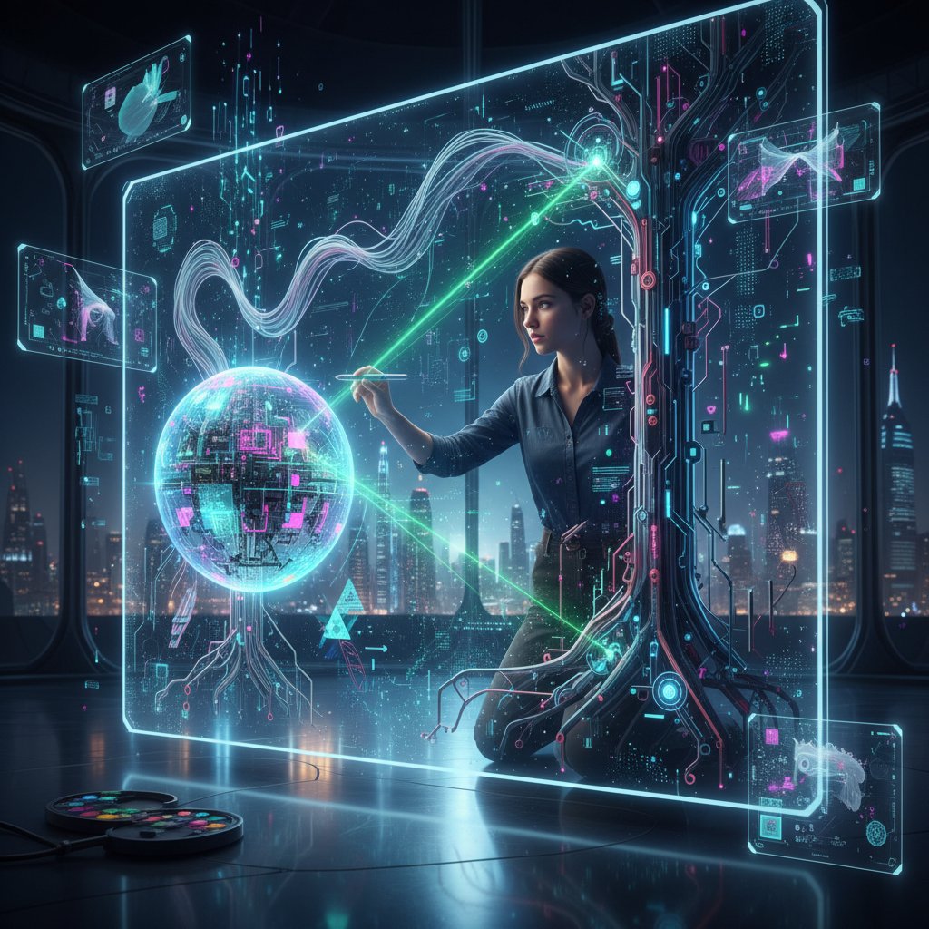 Wspólna praca człowieka i AI nad nowatorskim projektem, surrealistyczne ujęcie, praca na tablecie