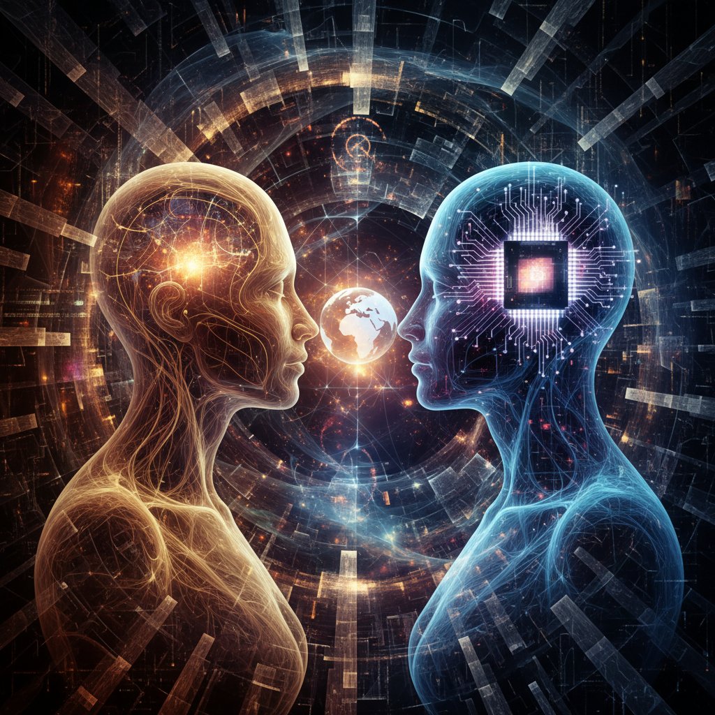 Symboliczne przedstawienie dyskusji człowieka i AI o współpracy, redakcyjne ujęcie, tło abstrakcyjne