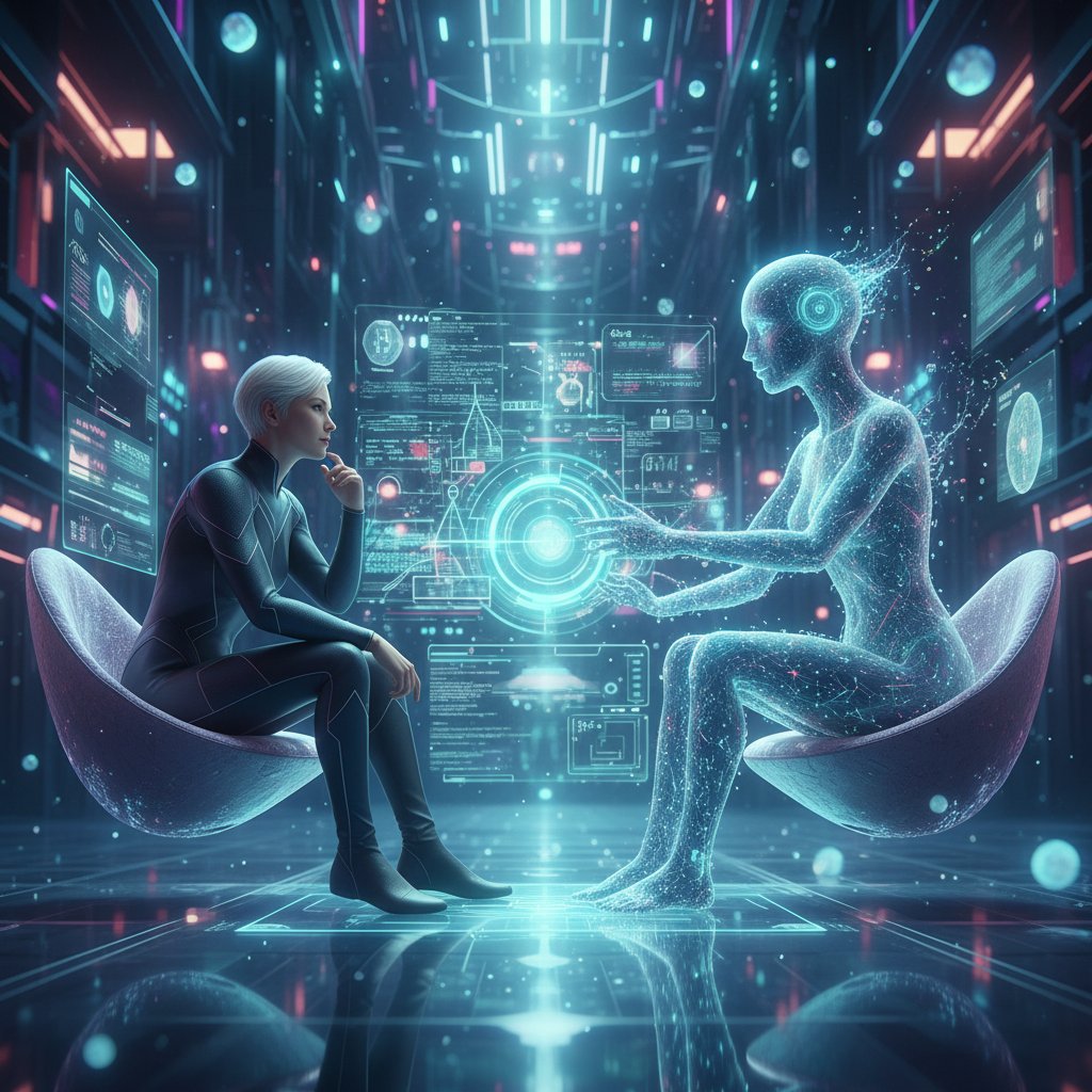 Człowiek i avatar AI prowadzący przyjacielską rozmowę na tle świecącego, nowoczesnego interfejsu – słowa kluczowe: chatbot, przyjaźń online