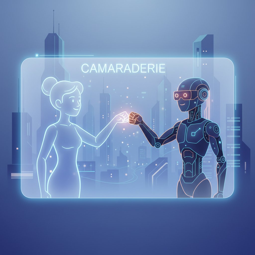 Awatary człowieka i AI przybijające sobie „żółwika” na świecącym ekranie, klimat koleżeństwa