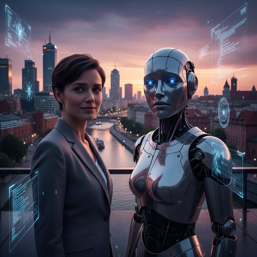 Człowiek i robot AI twarzą w twarz, z niejednoznacznym wyrazem twarzy, nowoczesna polska ulica o zmierzchu