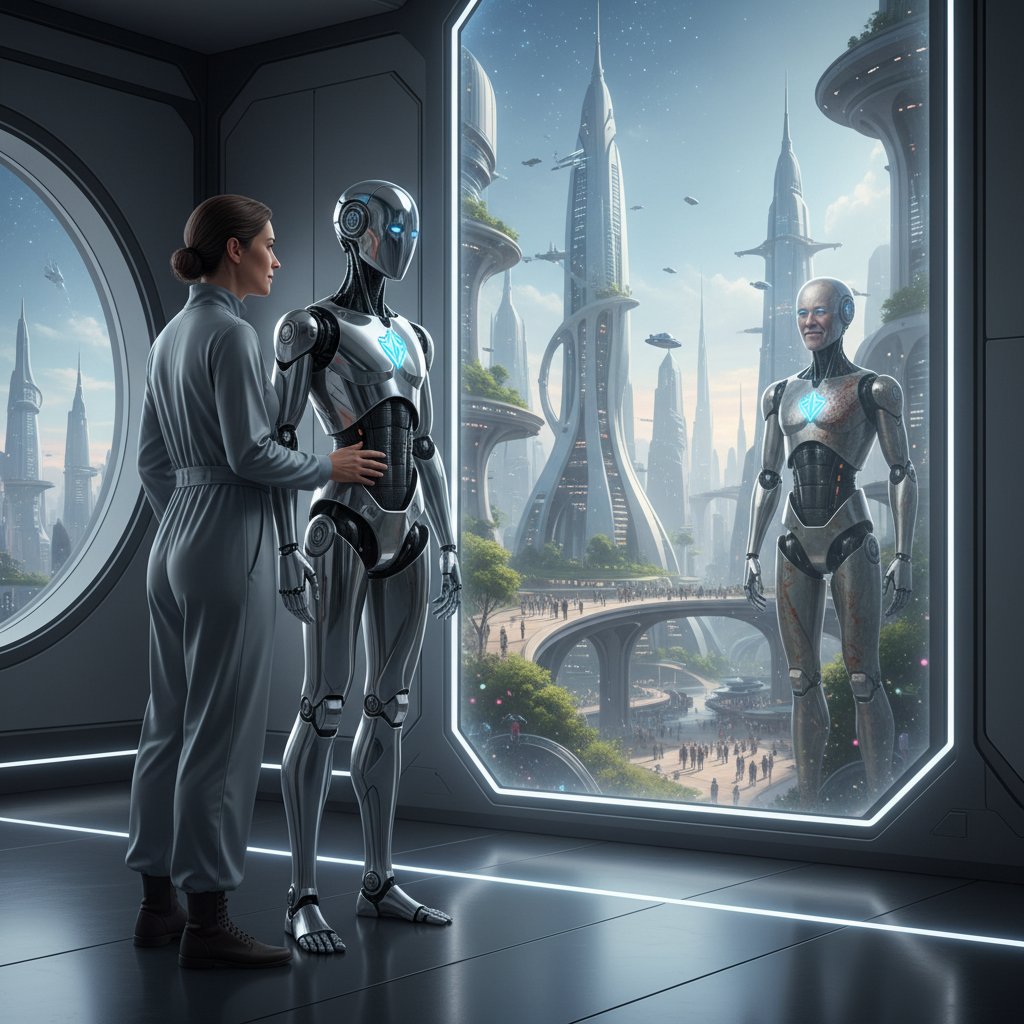 Człowiek i robot patrzący na siebie w lustrze – refleksja nad przyszłością