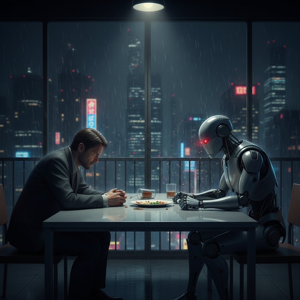 Robot i człowiek siedzący naprzeciw siebie w oświetlonym nocą mieście – symbol napięcia i ciekawości