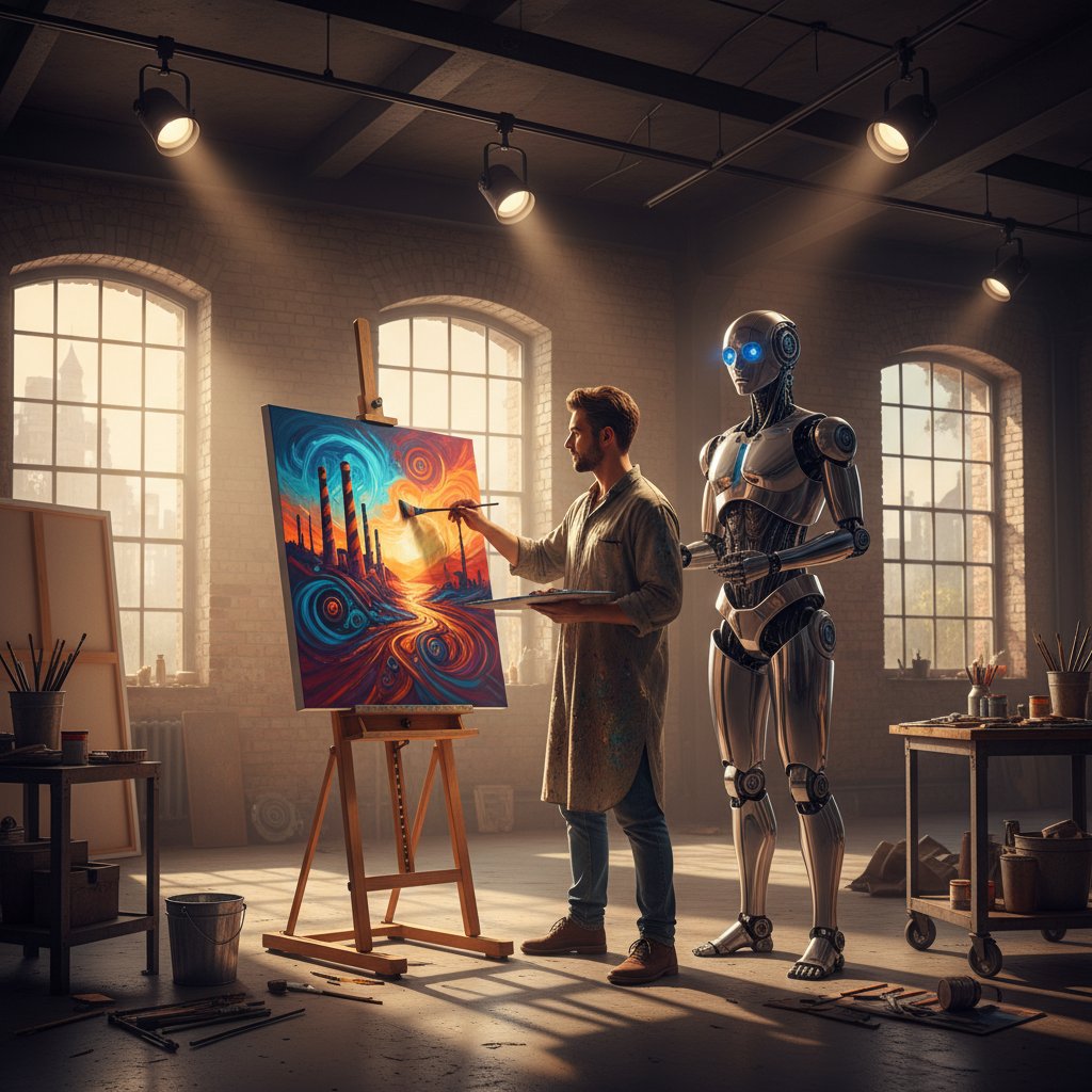 Artysta i robot AI wspólnie malują obraz w postindustrialnym lofcie, obrazując nową erę kreatywności z wykorzystaniem AI