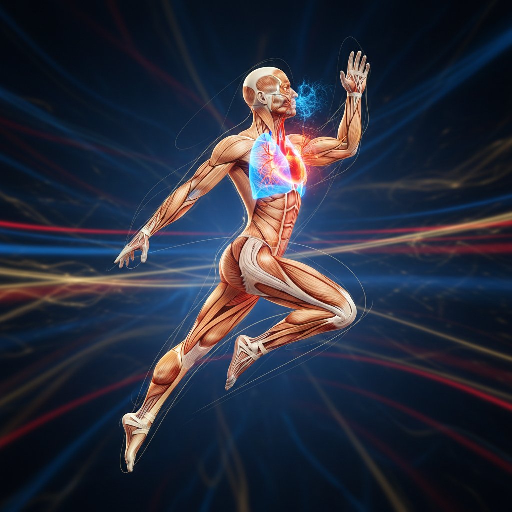 Jak ćwiczenia aerobowe wpływają na organizm człowieka: ilustracja osoby podczas ruchu z podświetlonym sercem, płucami i mięśniami, zdjęcie naukowe