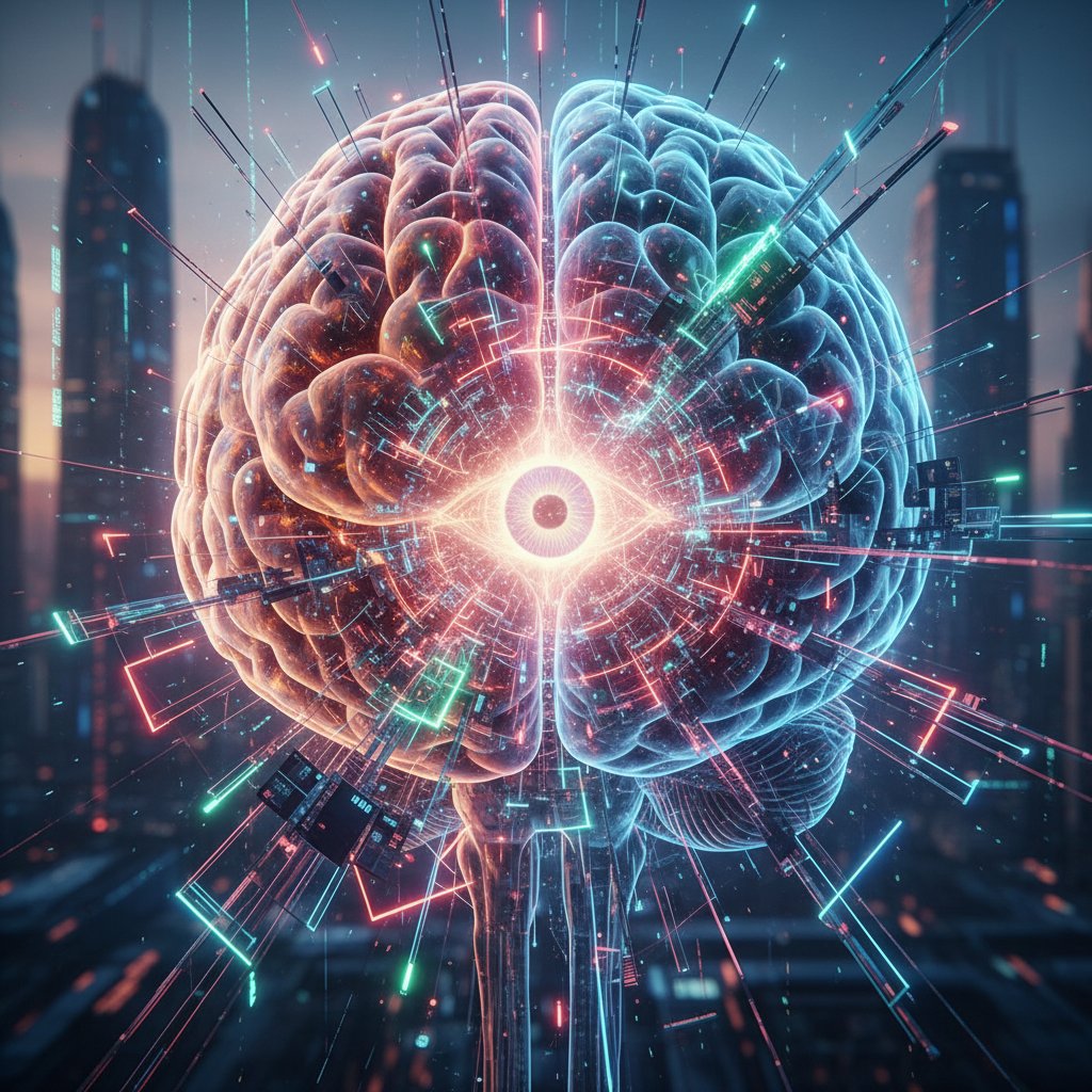 Mózg człowieka i schematyczna sieć neuronowa AI na jednym zdjęciu, symbolizujące konflikt świadomości